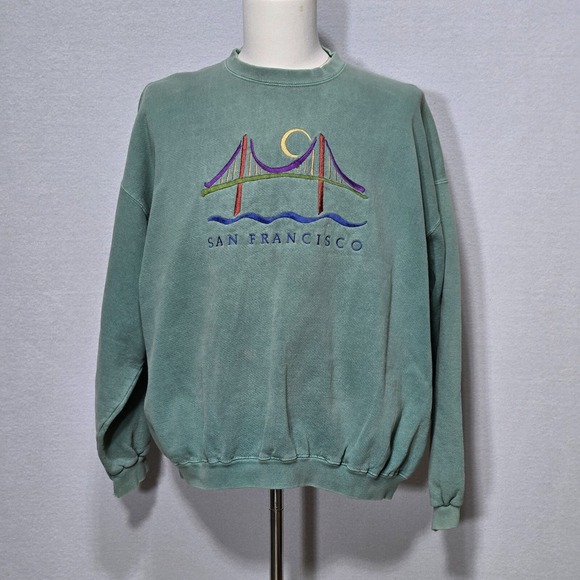 90s Vintage Crazy Shirt San Francisco Sweater Unisex Large Green‎ Retro Graphic - Picture 2 of 13